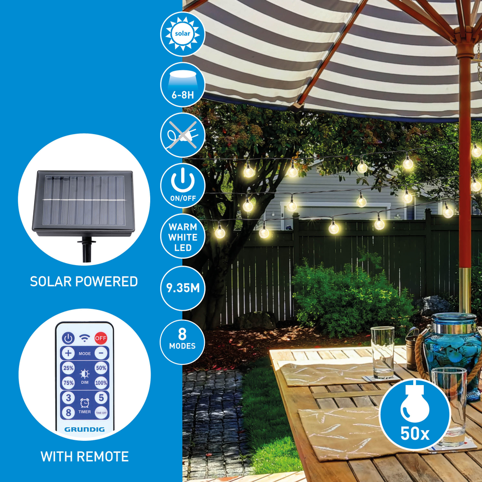 GRUNDIG SOLAR LICHTSNOER 50 LED LAMPEN 9.35M WARM WIT - Tuincentrum Lopik