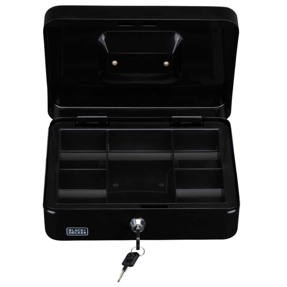 BLACK+DECKER GELDKISTJE MET SLEUTEL 25X8,5X18CM METAAL ZWART - Tuincentrum Lopik