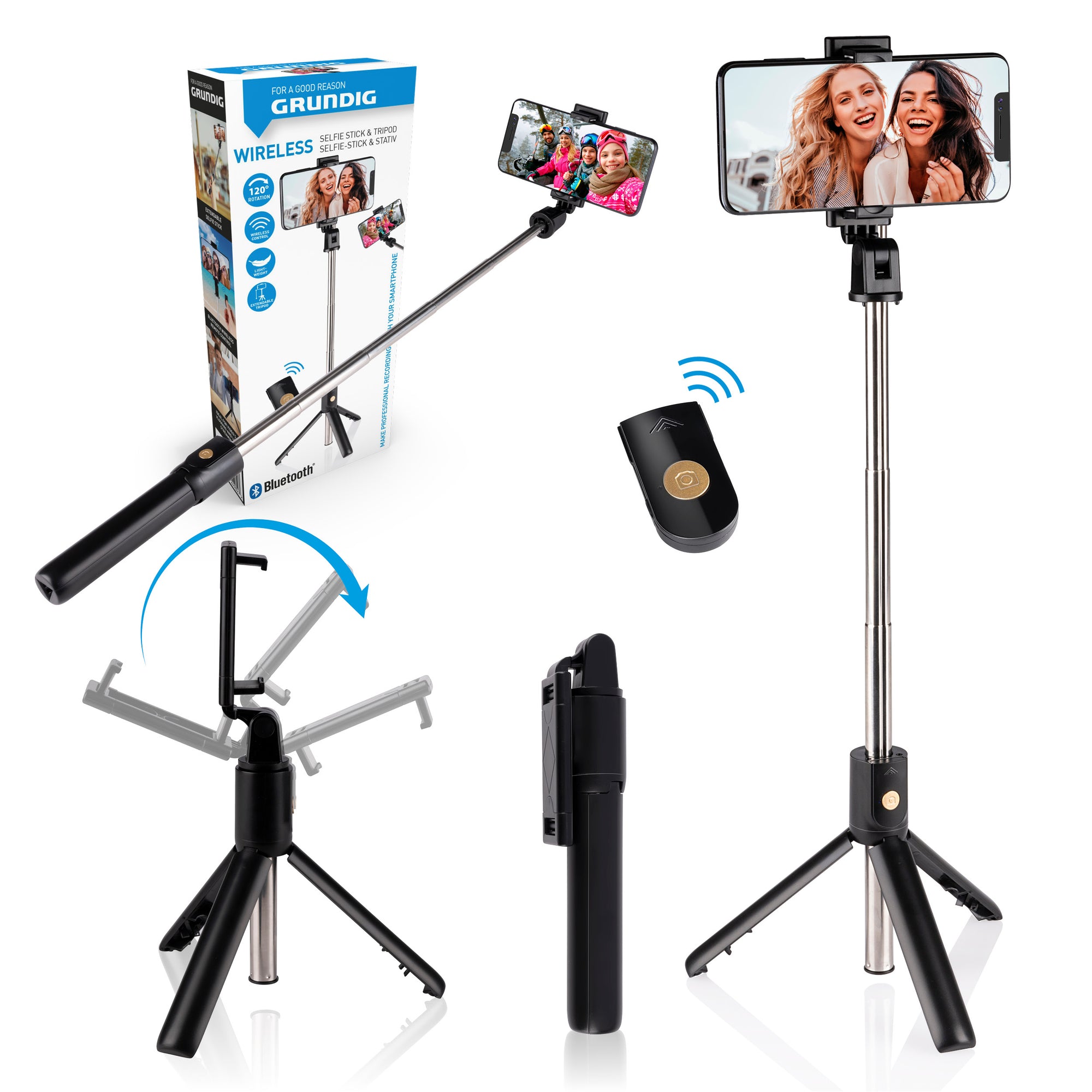 GRUNDIG SELFIESTICK 3-IN-1 MET STATIEF EN BLUETOOTH AFSTANDSBEDIENING - Tuincentrum Lopik