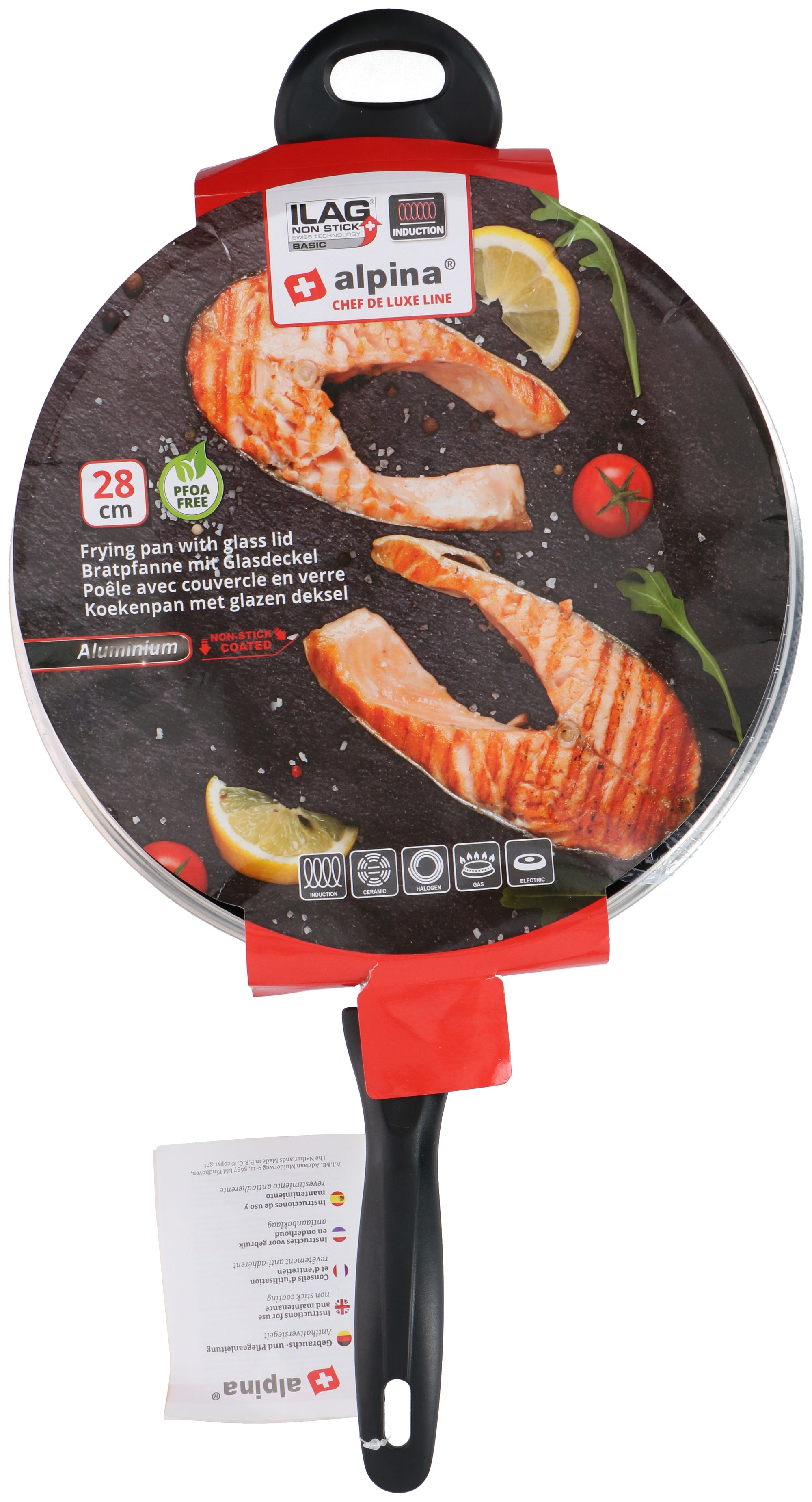 ALPINA KOEKENPAN 28CM MET GLAZEN DEKSEL - ANTI-AANBAKLAAG - INDUCTIE - Tuincentrum Lopik