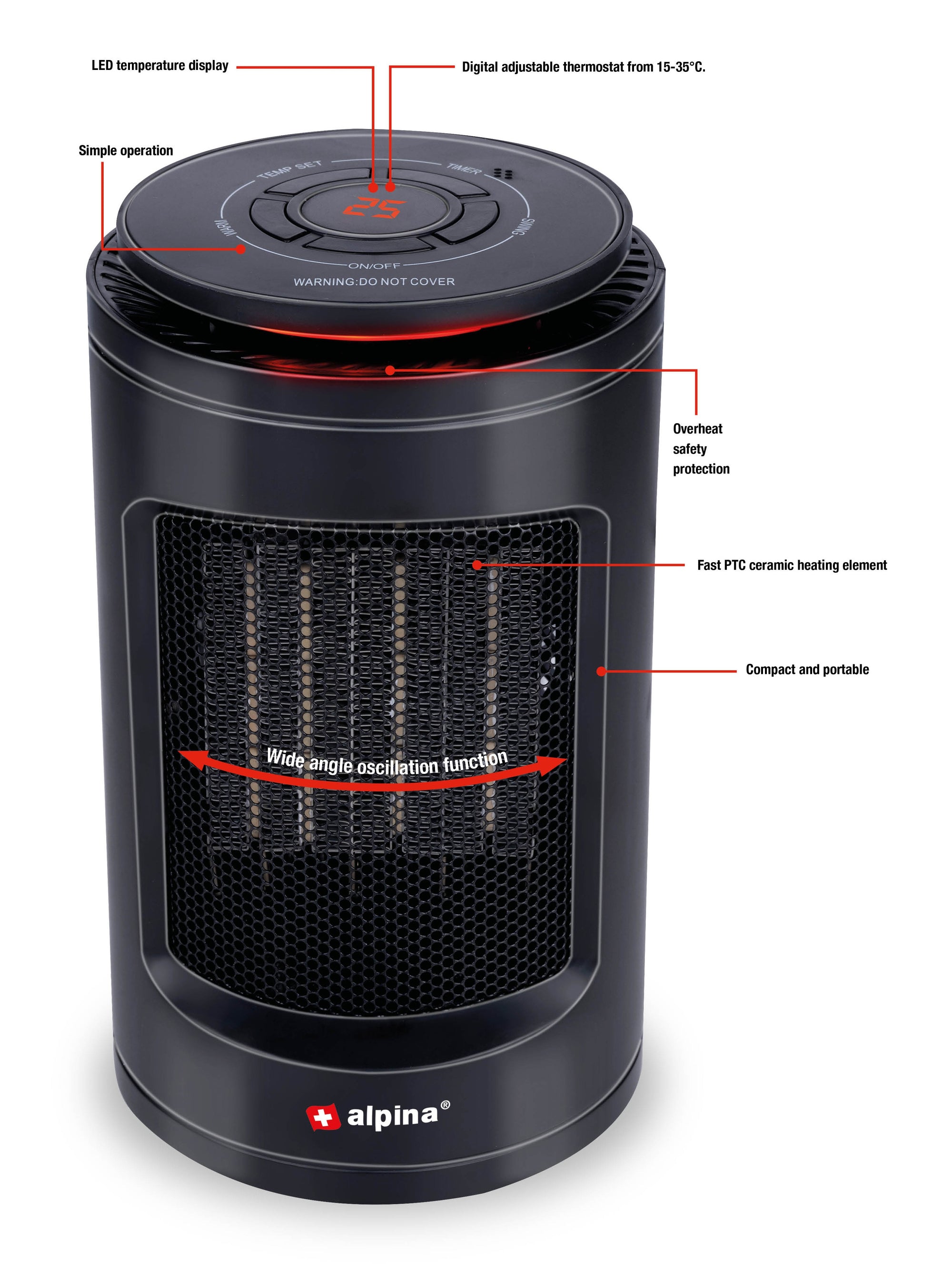 ALPINA PTC HEATER 1200W  KERAMISCHE VERWARMING MET OSCILLATIE - Tuincentrum Lopik