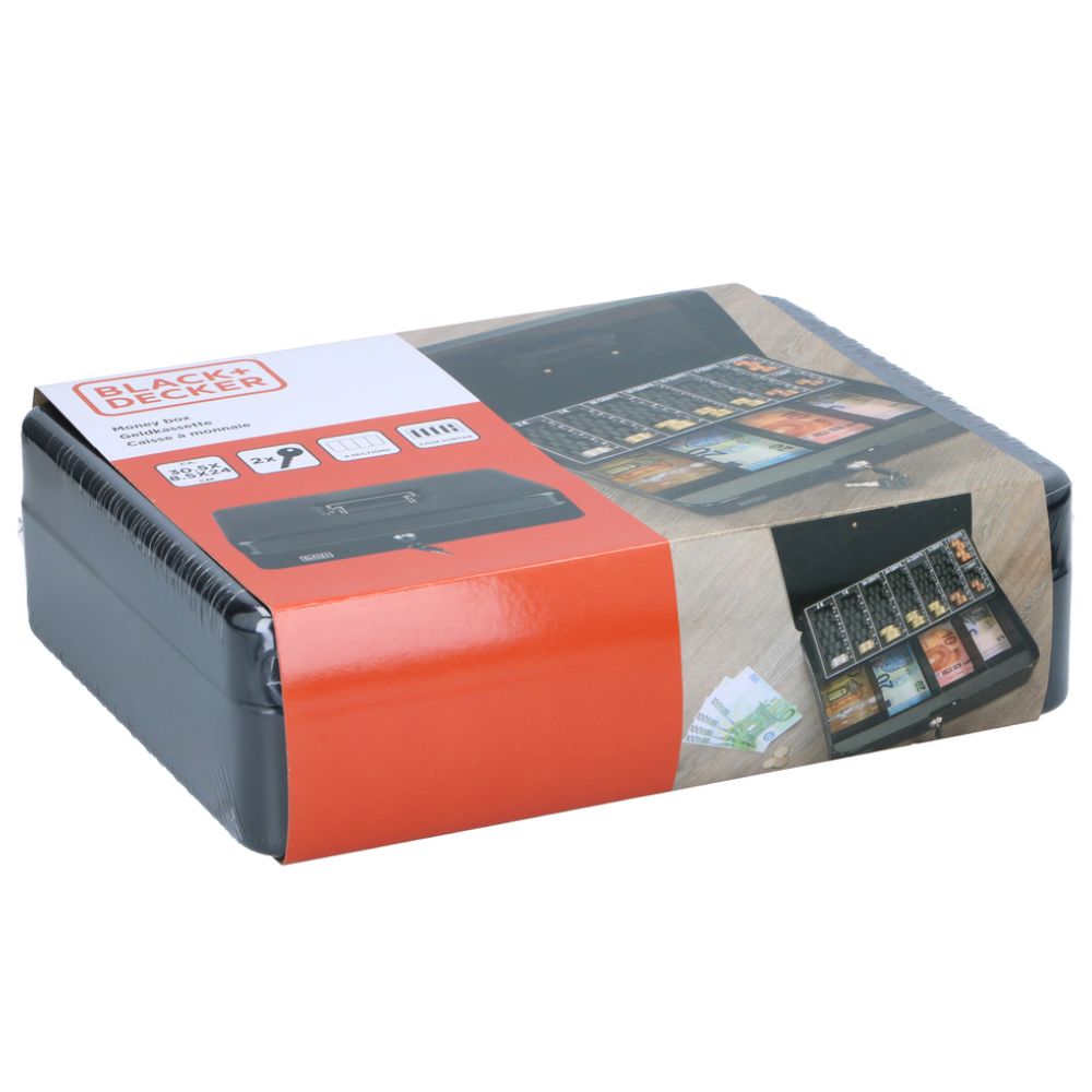 BLACK+DECKER GELDKISTJE MET SLEUTEL 30,5X8,5X24CM MUNTSORTEERDER - Tuincentrum Lopik