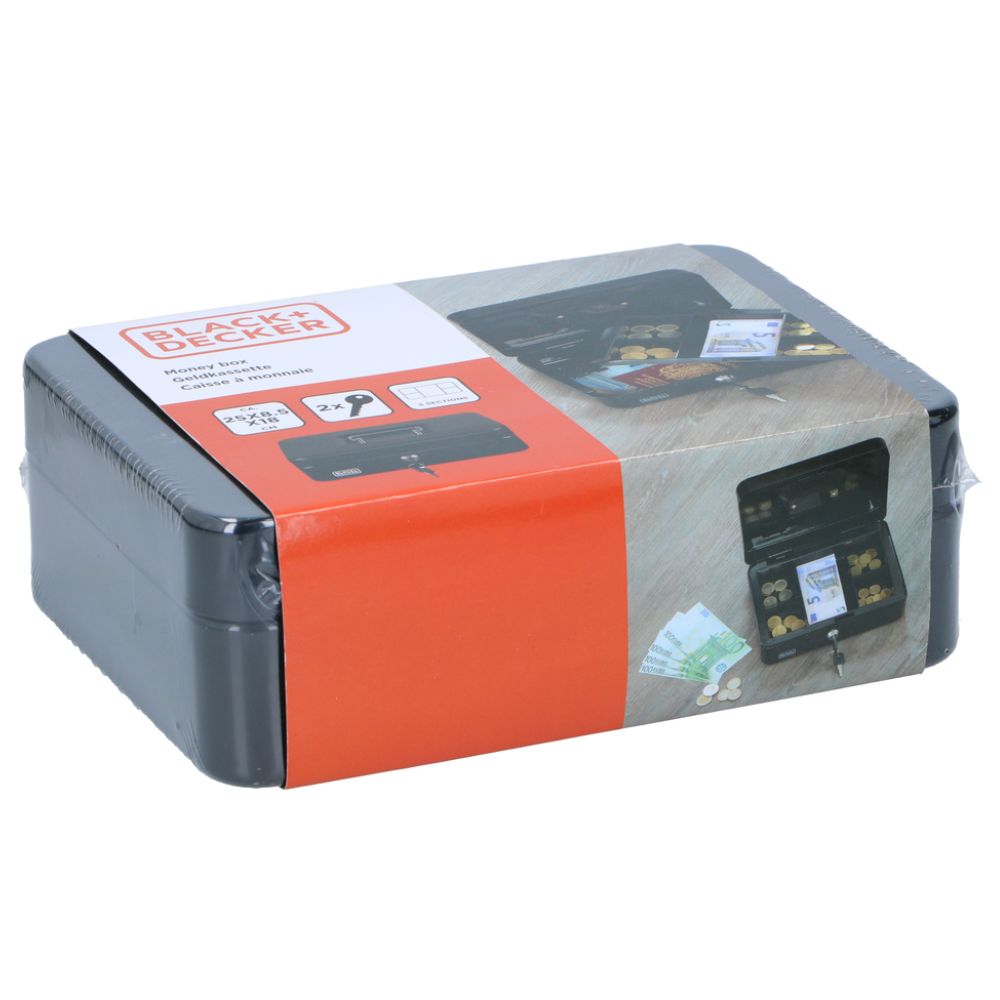 BLACK+DECKER GELDKISTJE MET SLEUTEL 25X8,5X18CM METAAL ZWART - Tuincentrum Lopik