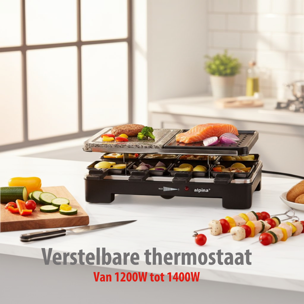 ALPINA RACLETTE STEENGRILL 1200-1400W - 8 PERSONEN MET NATUURSTEEN - Tuincentrum Lopik