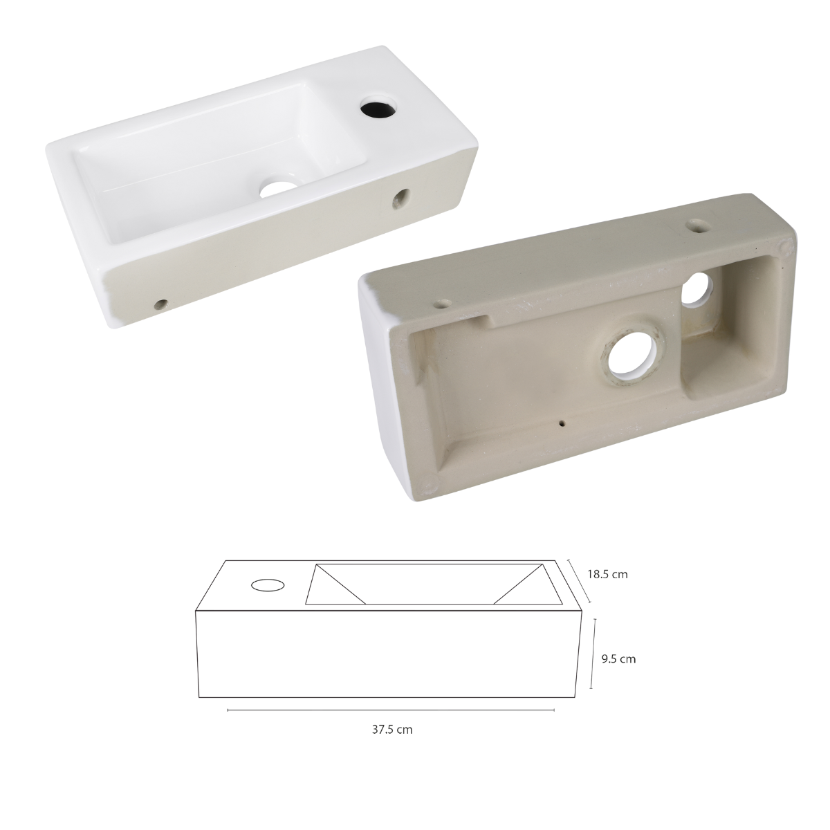 Helios Fonteinset - Keramiek Wit - Kraan Recht Chroom - Kraan Links - 37.5 X 18.5 X 9.5 Cm