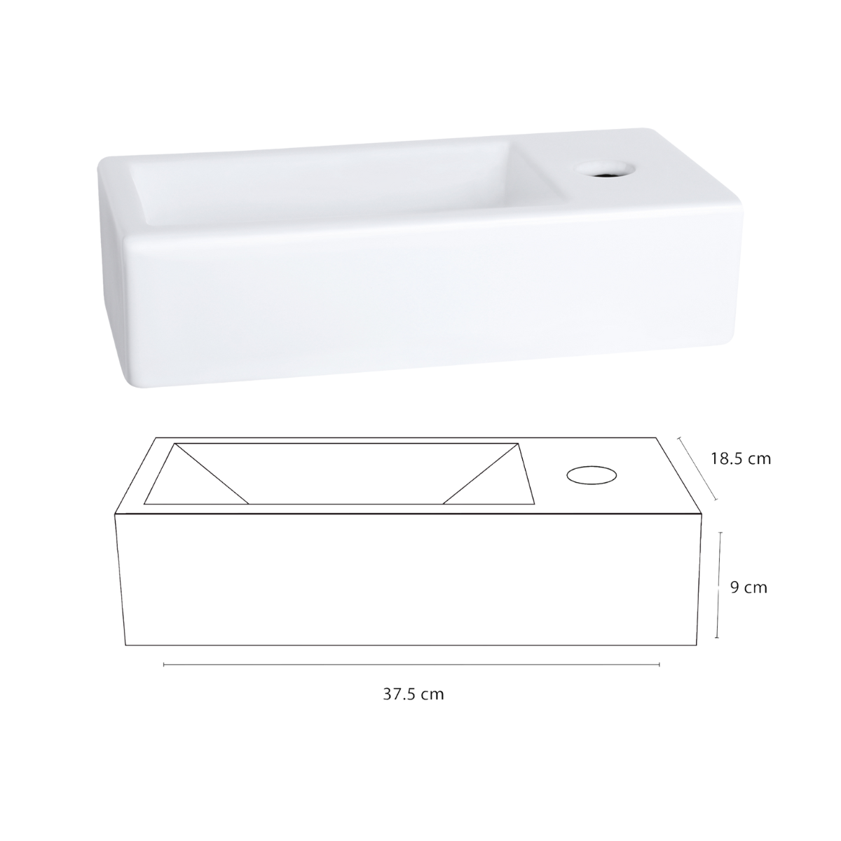 Helios Fonteinset - Keramiek Wit - Koudwaterkraan Recht Mat Goud - Kraan Rechts - Always Open Afvoerplug - 37.5 X 18.5 X 9 Cm