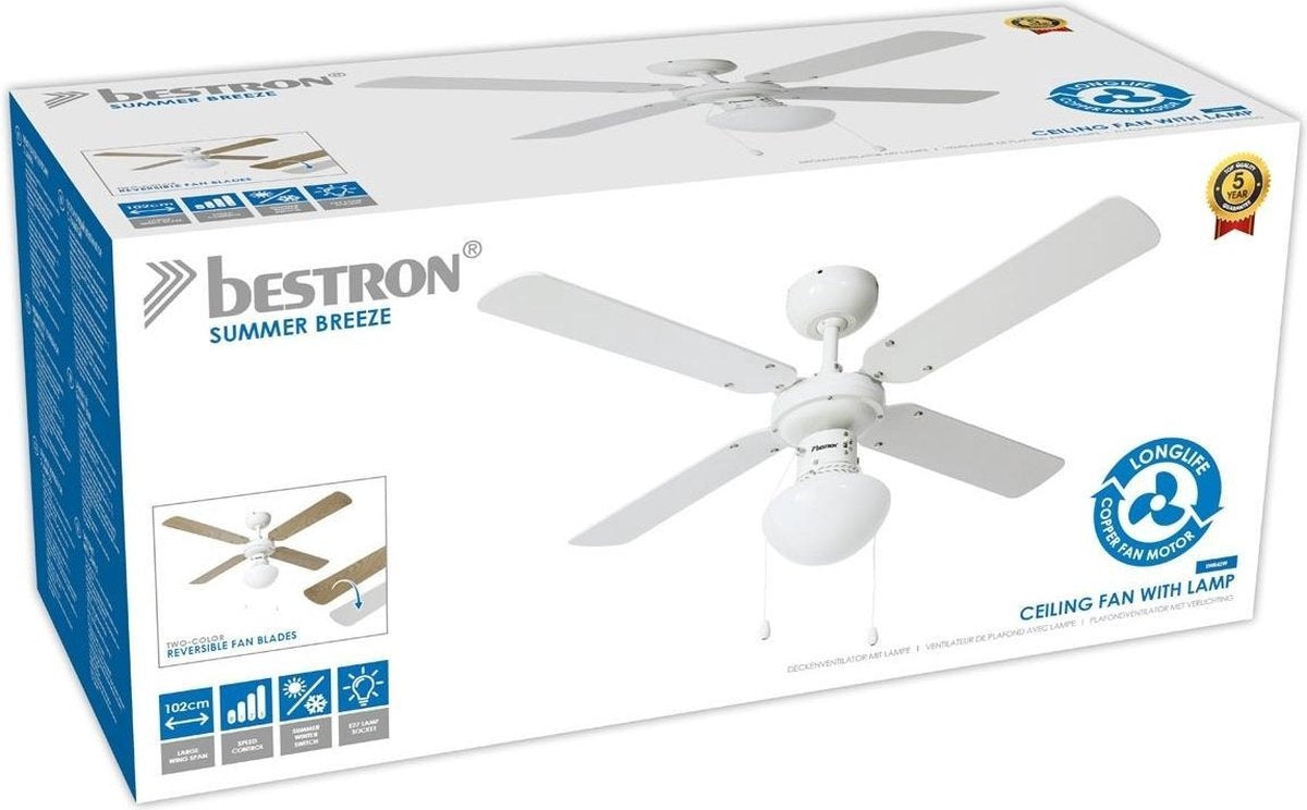 DHB48W PLAFONDVENTILATOR 102 CM WIT / AHORN 50 WATT MET VERLICHTING (E27 FITTING)