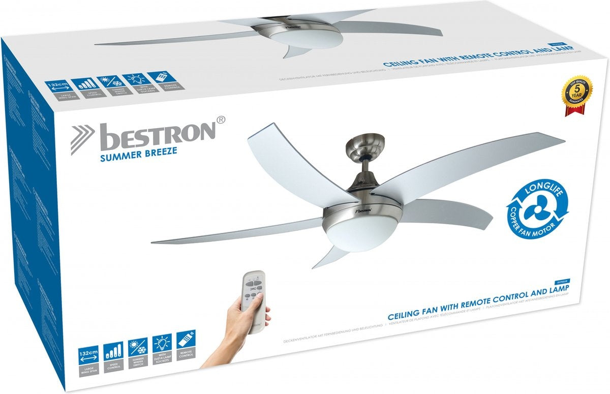 DCF52LSR PLAFONDVENTILATOR MET AFSTANDSBEDIENING EN VERLICHTING 132 CM RVS / ZILVER / 60 WATT