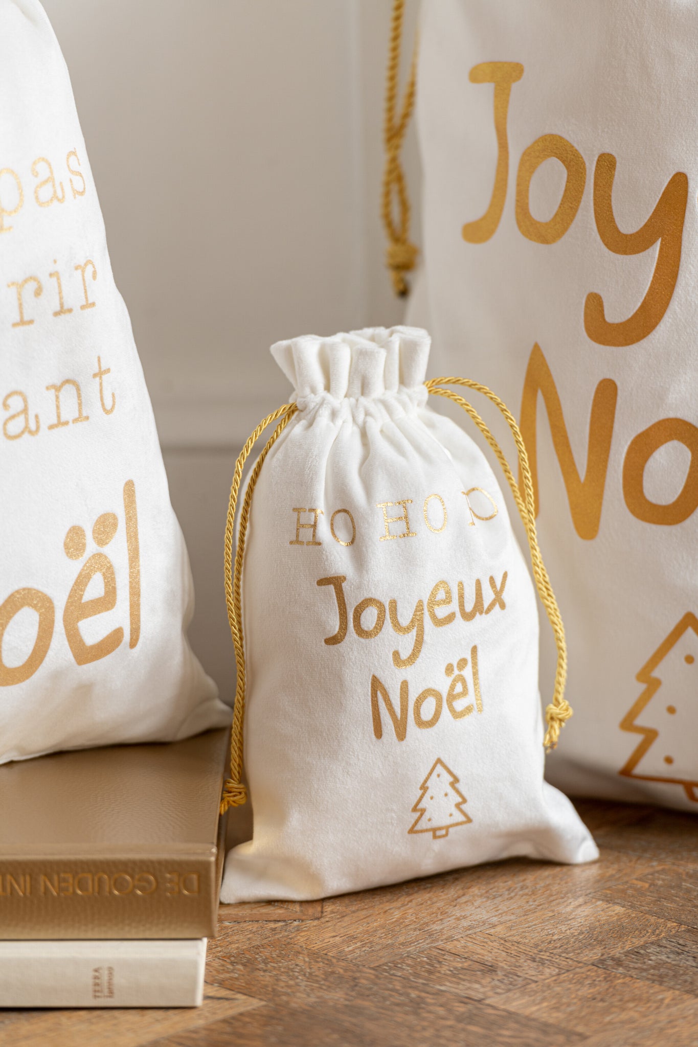 Bag Christmas French Velvet White/Gold Medium Assortment Of 3 - Tuincentrum Lopik