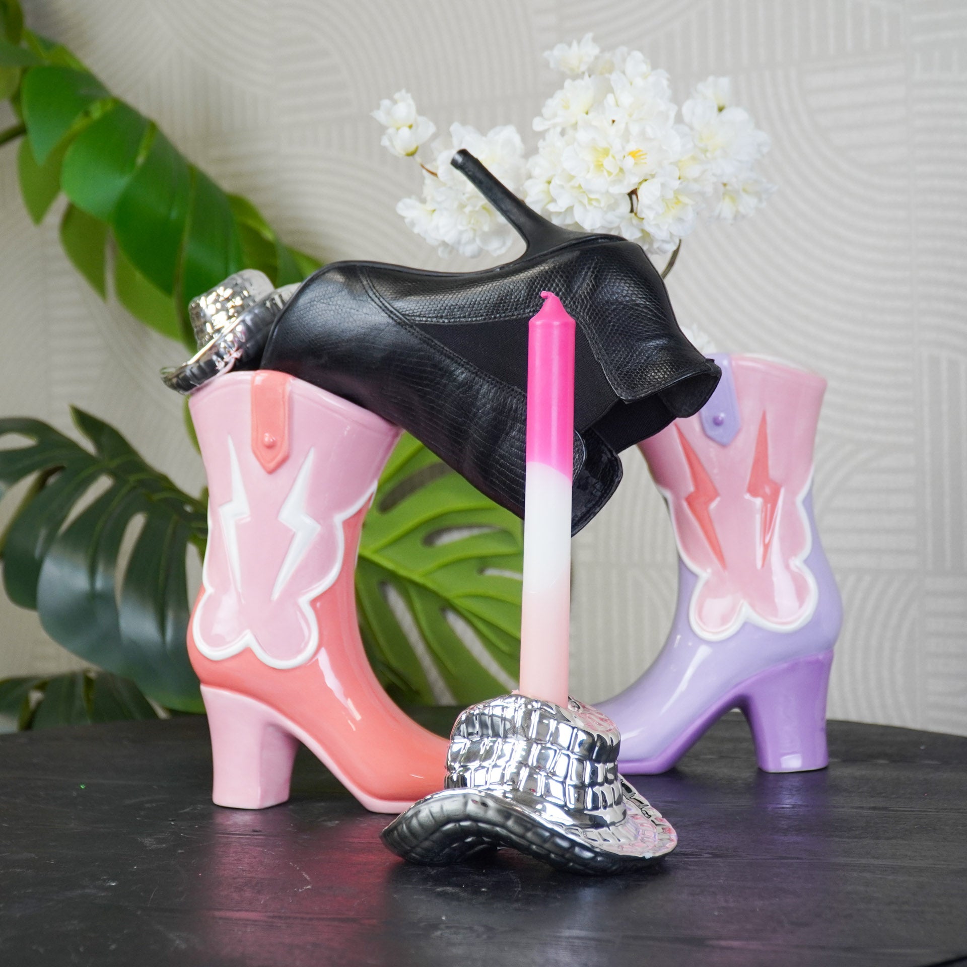 HOUSEVITAMIN KANDELAAR COWBOY HAT KERAMIEK ZILVER 13,5 CM