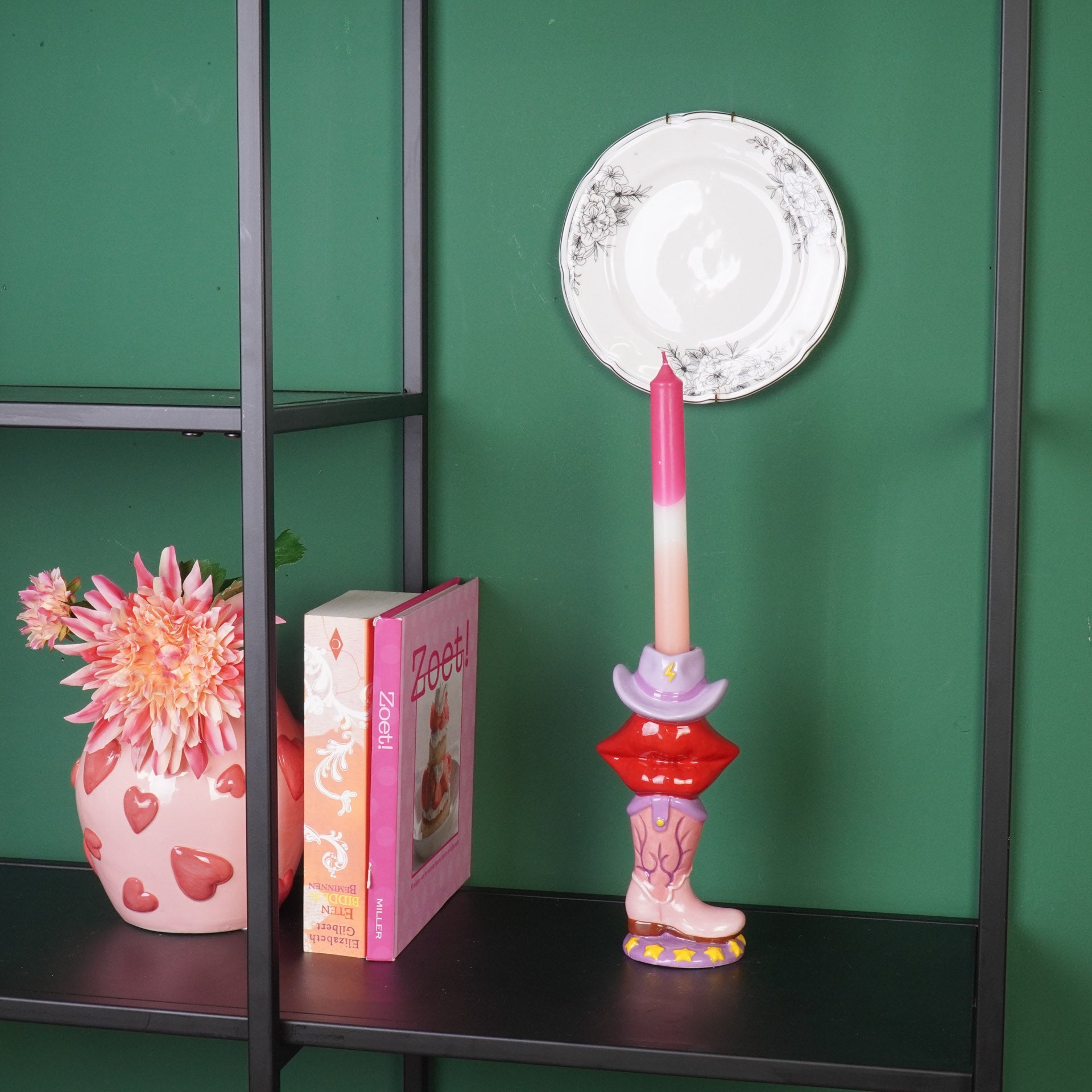 HOUSEVITAMIN KANDELAAR BOOT/LIP/HAT KERAMIEK ROZE/ROOD/LILA 20 CM