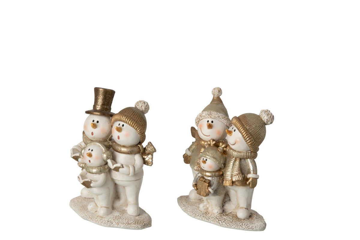 J-Line sneeuwpop familie/Singing steen wit/goud 11 cm – set van 2
