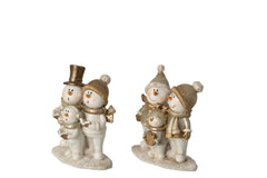 J-Line sneeuwpop familie/Singing steen wit/goud 11 cm – set van 2