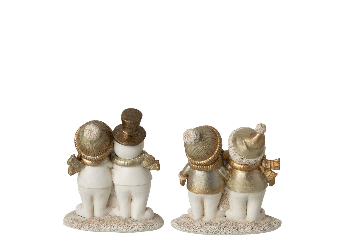 J-Line sneeuwpop familie/Singing steen wit/goud 11 cm – set van 2