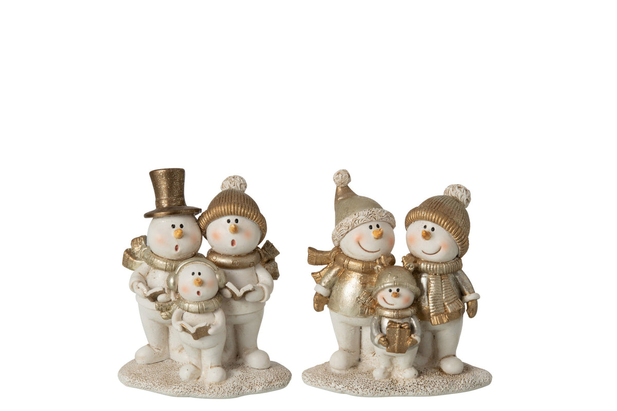 J-Line sneeuwpop familie/Singing steen wit/goud 11 cm – set van 2