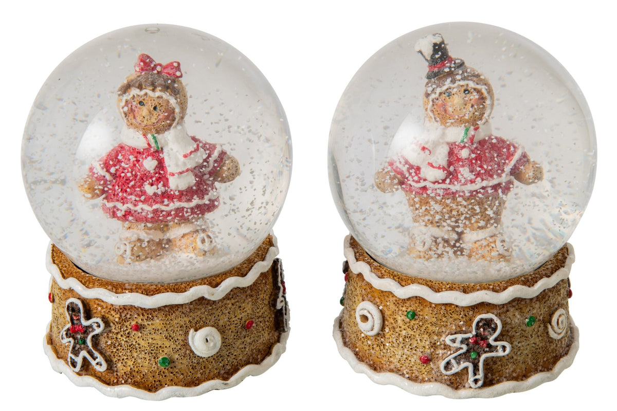 J-Line sneeuwbol gingerbread polyresin beige/rood – set van 2