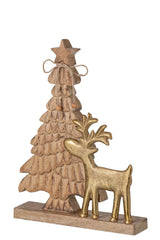 J-Line decoratie kerstboom + rendier mangohout/aluminium naturel/goud 30 cm