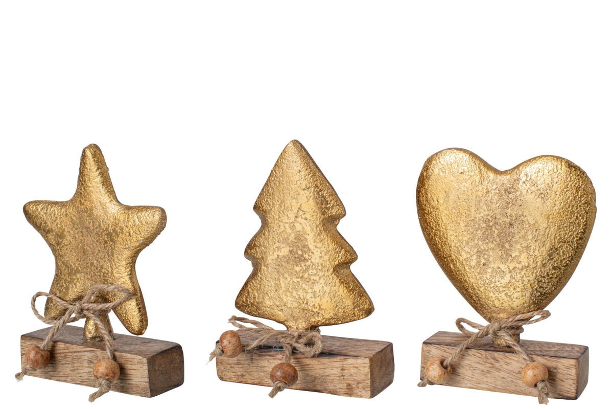 J-Line kersthangers boom, ster en hart mangohout naturel/goud 9,5 cm – set van 3