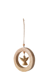 J-Line kersthanger engel in ring mangohout goud/naturel 10 cm