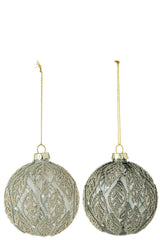 J-Line kerstbal Leaves groen glas 8 cm – set van 2