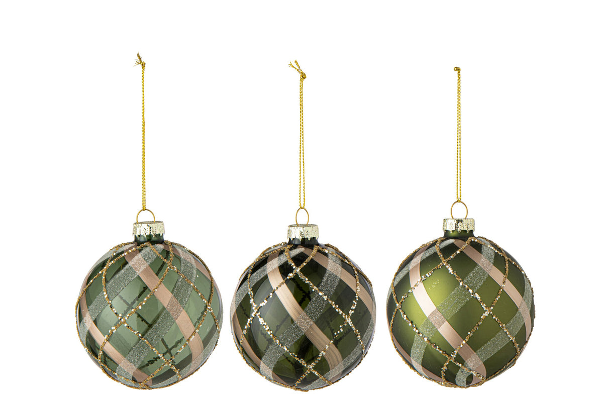 J-Line kerstbal geruit groen/goud glas 8 cm – set van 3