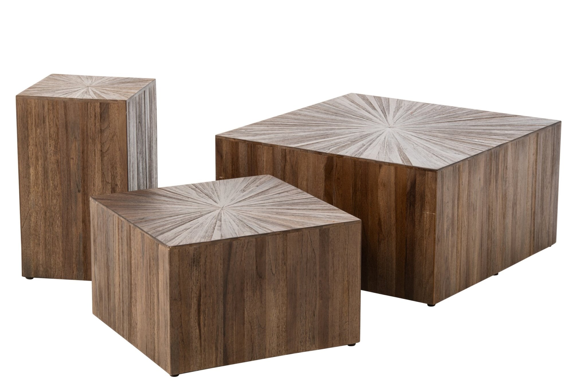 J-LINE SET VAN 3 SALONTAFELS RAY CUBE GERECYCLED HOUT DONKERBRUIN