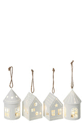 J-Line kersthanger huisje met LED wit 10 cm – set van 4