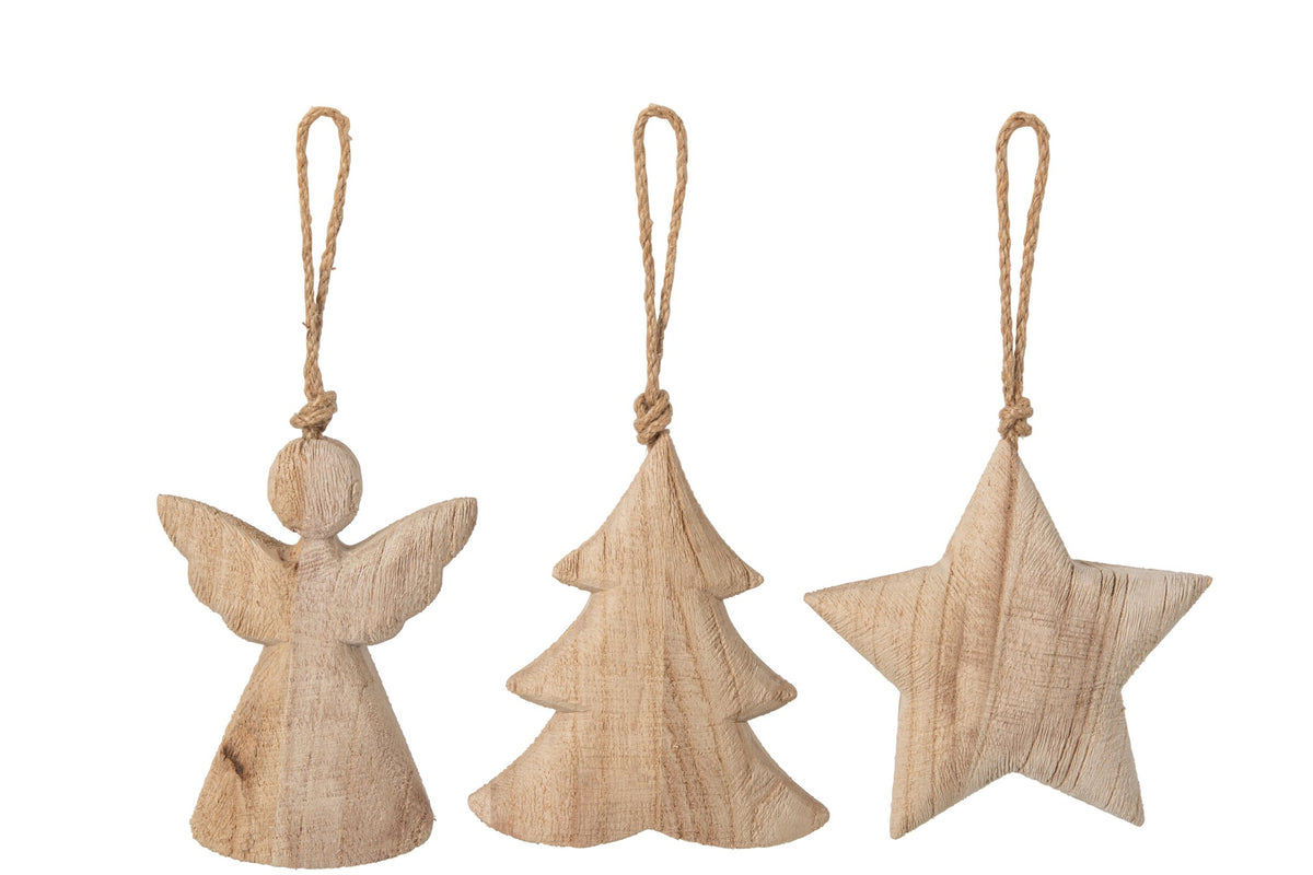J-Line kersthangers boom, engel en ster hout naturel 14 cm – set van 3