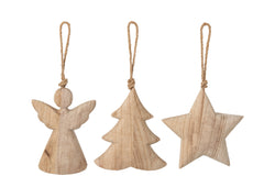 J-Line kersthangers boom, engel en ster hout naturel 14 cm – set van 3