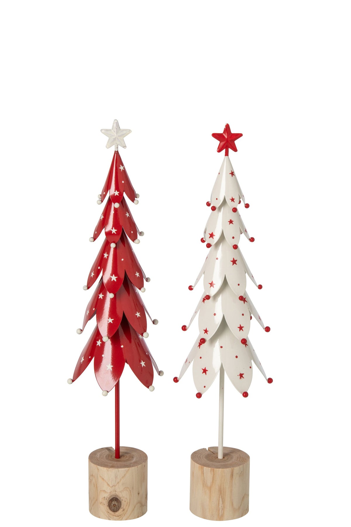 J-Line decoratieve kerstboom ijzer/paulowniahout wit/rood 40 cm – assortiment van 2
