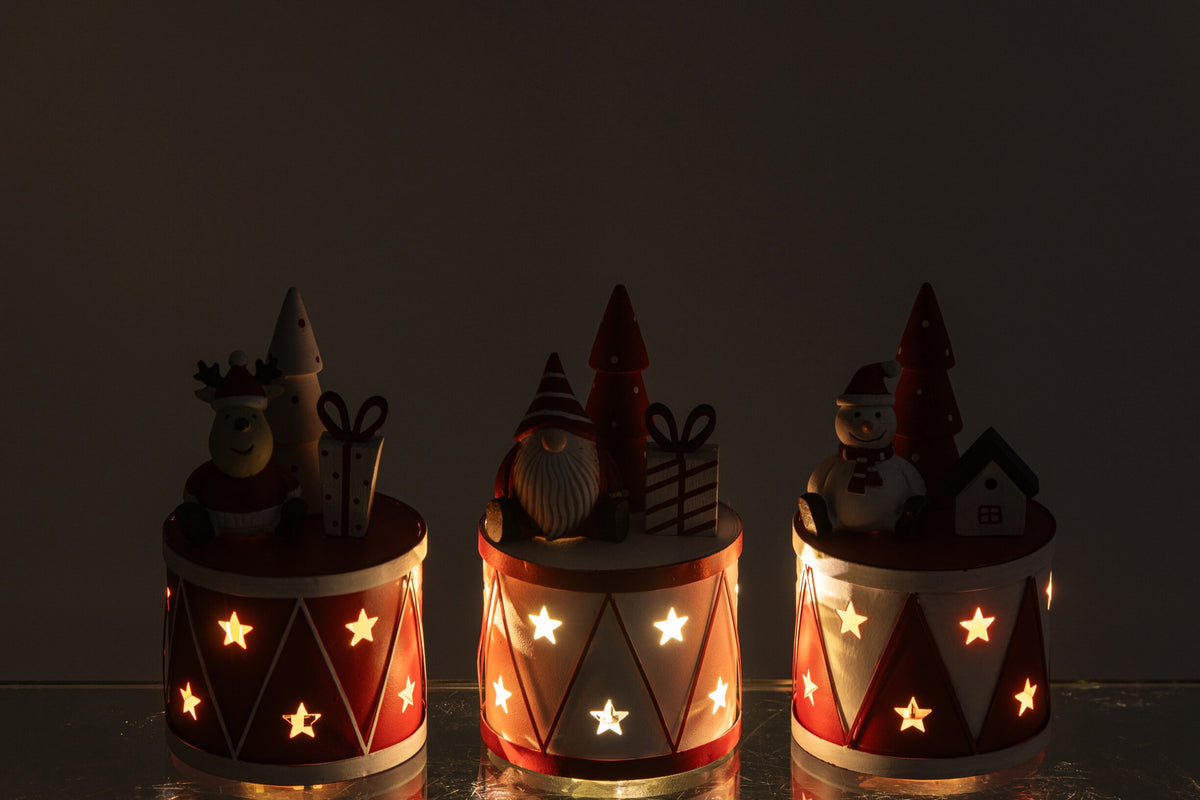 J-Line LED-drum kerstman/sneeuwman/rendier ijzer wit/rood – set van 3