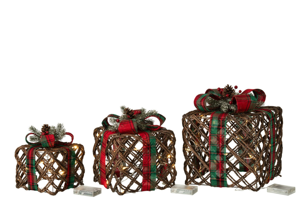 J-Line set van 3 lichtobjecten cadeau ijzer/kunststof bruin/rood 28 cm