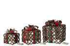 J-Line set van 3 lichtobjecten cadeau ijzer/kunststof bruin/rood 28 cm