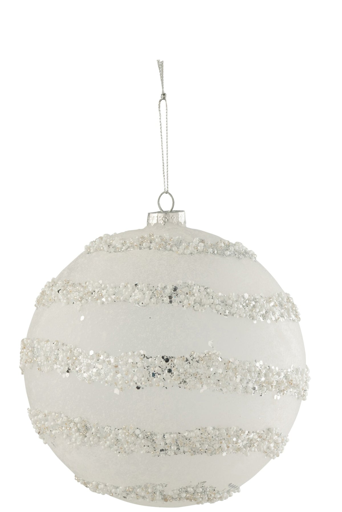 J-Line kerstbal Lines glitter + Pearls glas wit XL 15 cm