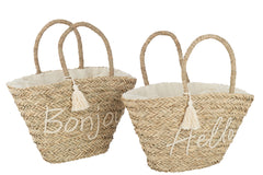 J-LINE STRANDTAS BONJOUR/HELLO TASSEL JUTE NATUREL/WIT ASSORTIMENT VAN 2 L49XB38XH51CM - Tuincentrum Lopik