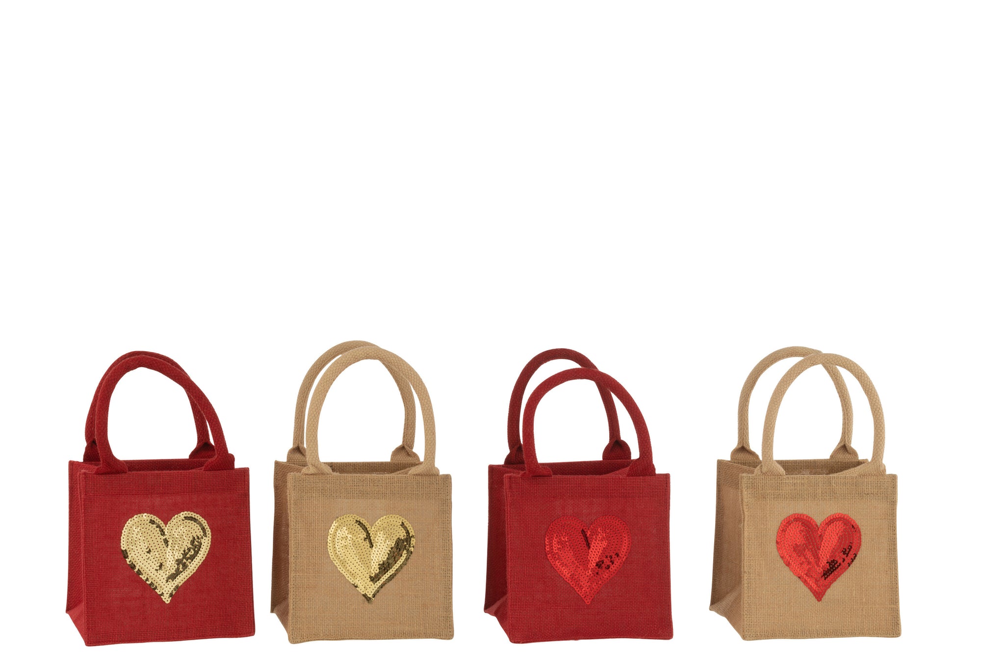 J-LINE TASJE HEART PAILLETTEN JUTE NATUREL/ROOD ASSORTIMENT VAN 4