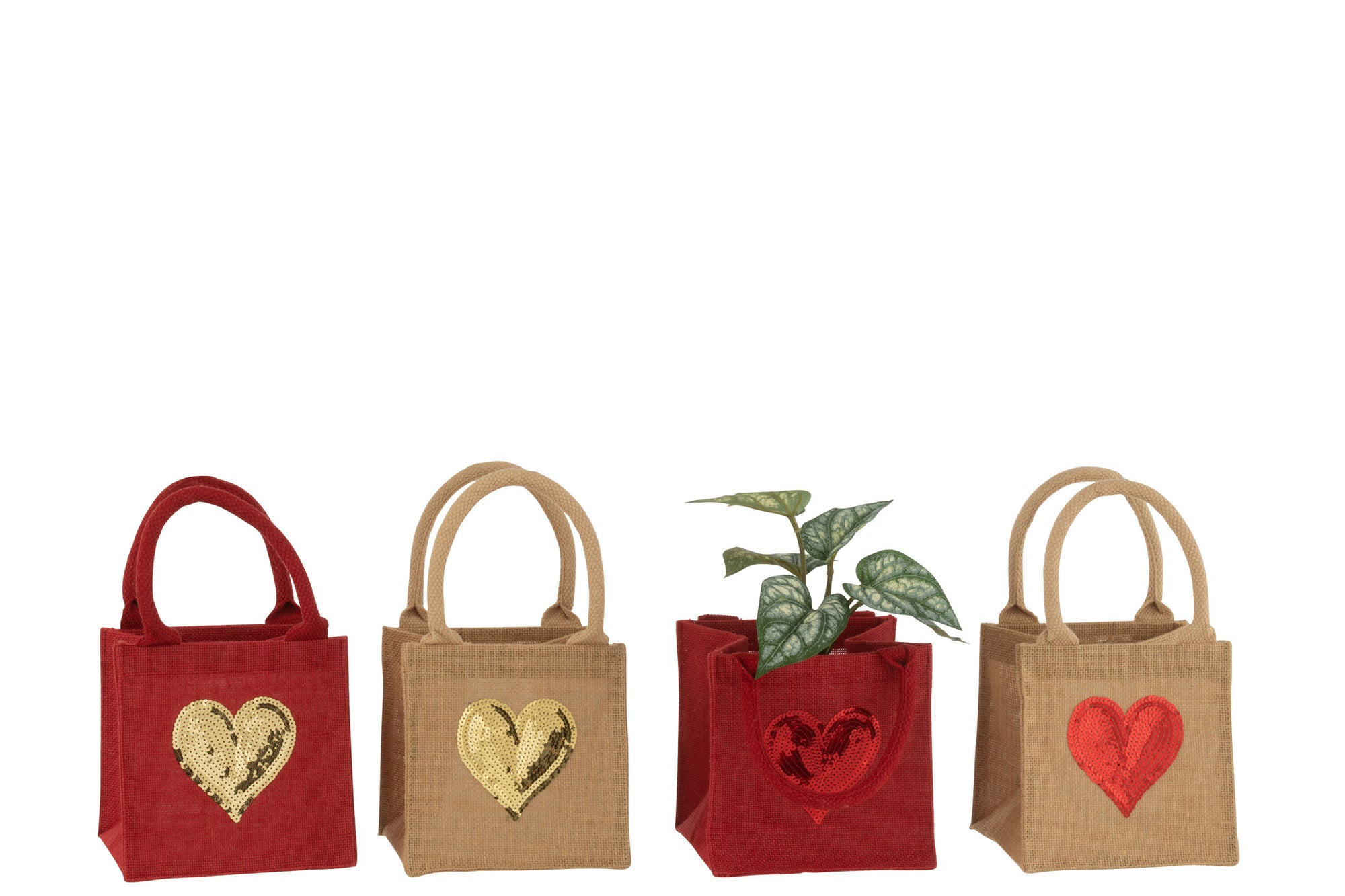 J-LINE TASJE HEART PAILLETTEN JUTE NATUREL/ROOD ASSORTIMENT VAN 4