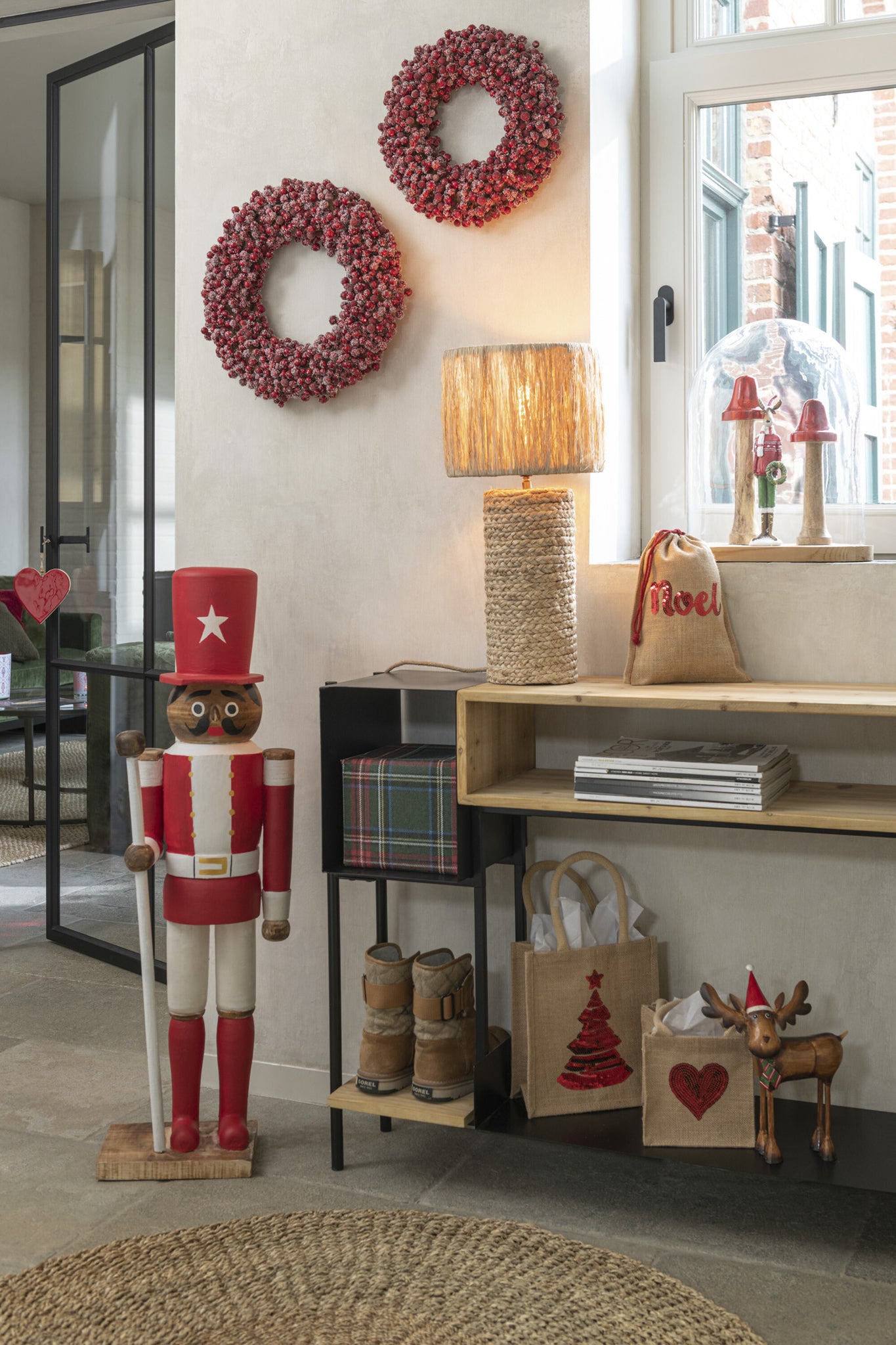 J-LINE TASJE HEART PAILLETTEN JUTE NATUREL/ROOD ASSORTIMENT VAN 4