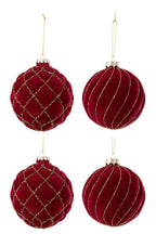 J-LINE DOOS VAN 4 KERSTBALLEN 2+2 LIJNEN/GERUIT FLUWEEL ROOD/GOUD - Tuincentrum Lopik