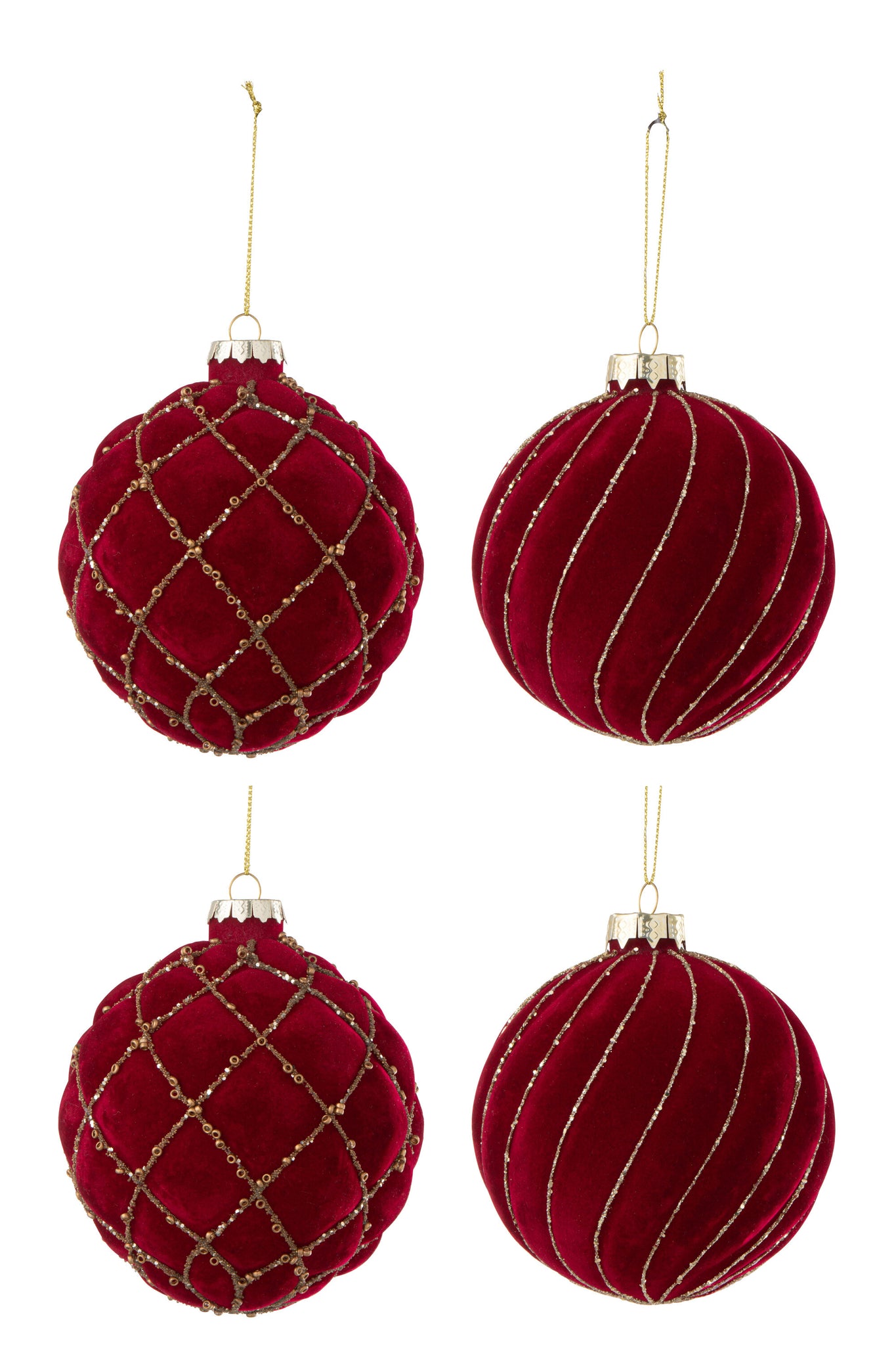 J-LINE DOOS VAN 4 KERSTBALLEN 2+2 LIJNEN/GERUIT FLUWEEL ROOD/GOUD - Tuincentrum Lopik