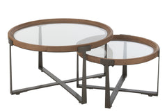J-LINE SALONTAFEL LUKI GLAS/DENNENHOUT NATUREL/ZWART SET VAN 2 - Tuincentrum Lopik