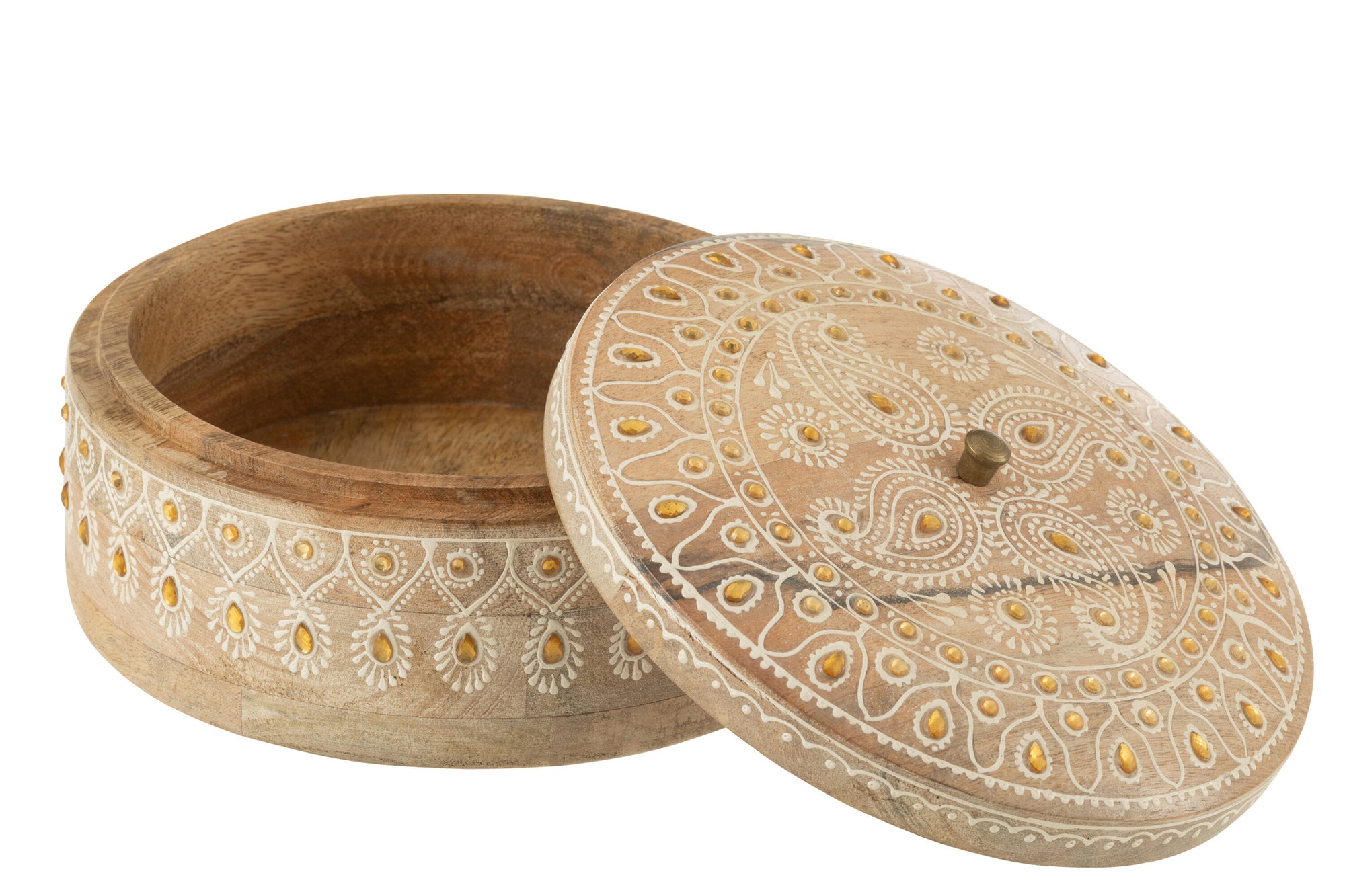 J-LINE BOX + LID BEADS ROUND MANGO WOOD NATURAL/WHITE LARGE - Tuincentrum Lopik