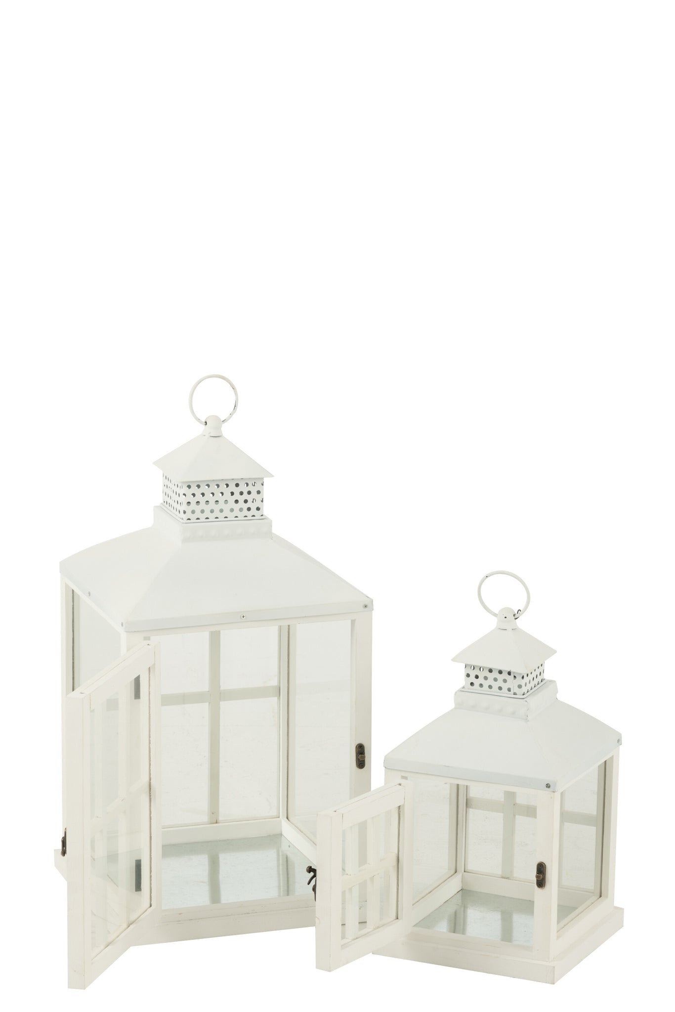 Set Of 2 Lanterns Houses Fir Wood/Metal White - Tuincentrum Lopik