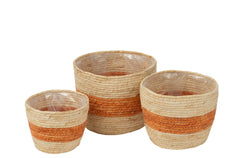 J-LINE SET OF 3 BASKET STRIPES CORN HUSK NATURAL/ORANGE - Tuincentrum Lopik