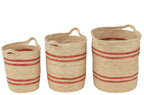 J-LINE SET VAN 3 MANDJES MET STREPEN EN HANDVAT – MAÏSSCHIL NATURAL/RED - Tuincentrum Lopik