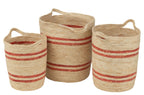 J-LINE SET VAN 3 MANDJES MET STREPEN EN HANDVAT – MAÏSSCHIL NATURAL/RED - Tuincentrum Lopik