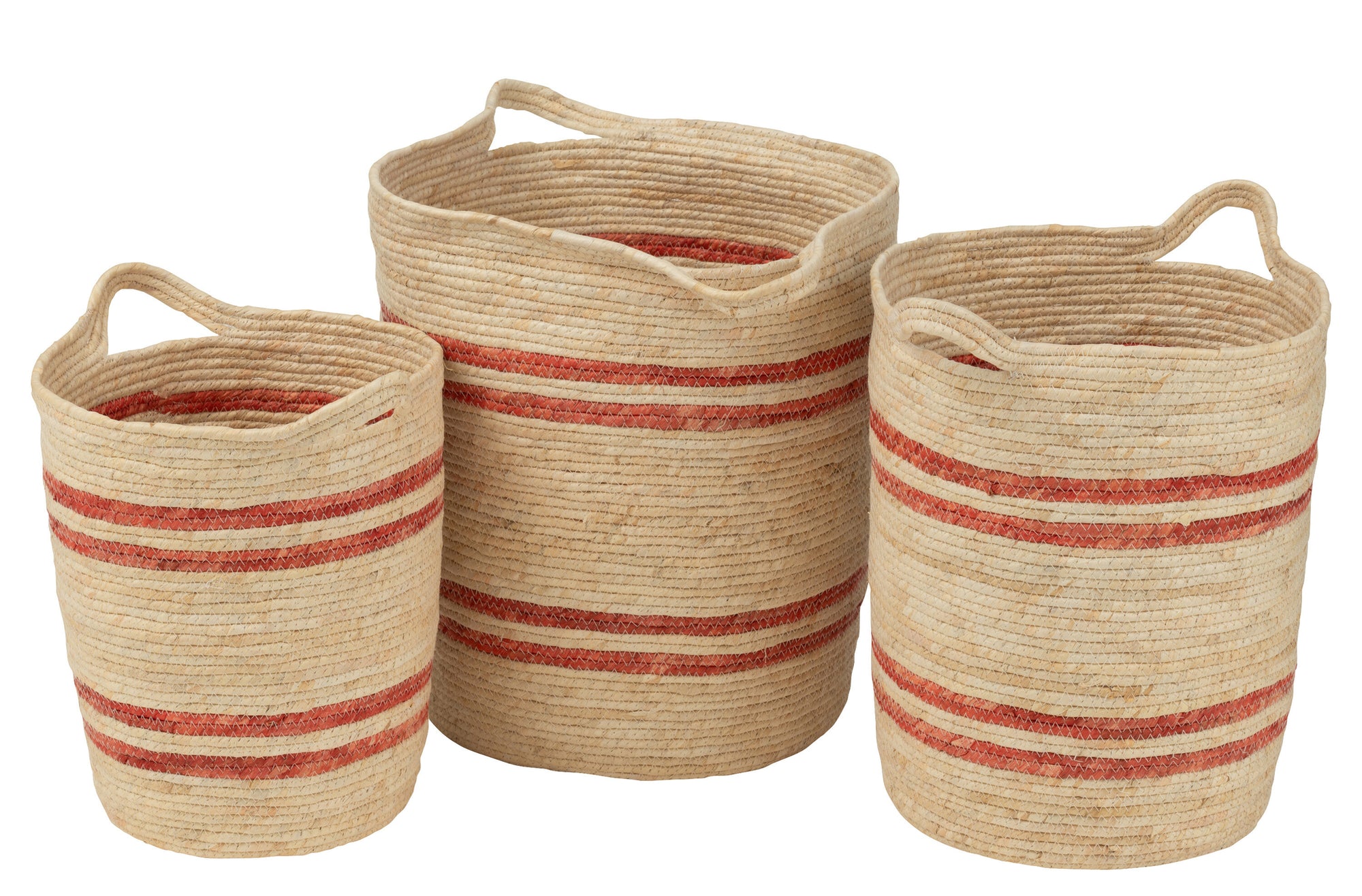 J-LINE SET VAN 3 MANDJES MET STREPEN EN HANDVAT – MAÏSSCHIL NATURAL/RED - Tuincentrum Lopik