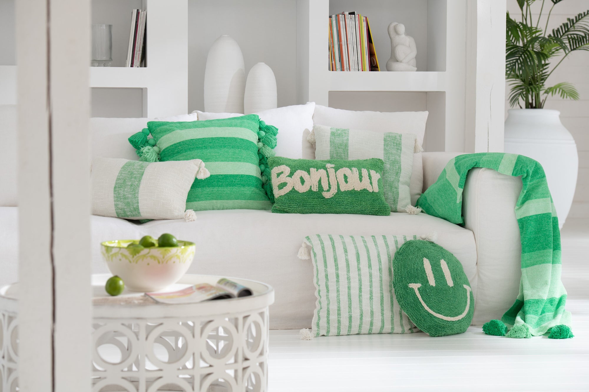 Kussen Smiley met knopen van katoen Groen/Wit - Tuincentrum Lopik