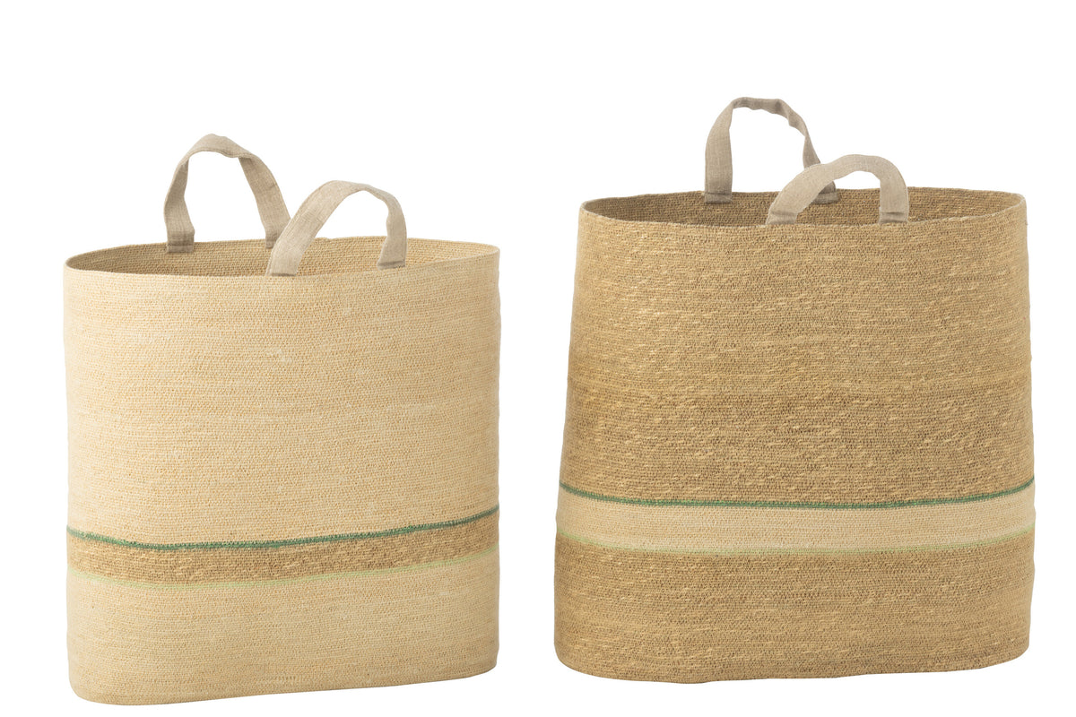 Set Of 2 Basket Stripe + Handle Natural/Green - Tuincentrum Lopik