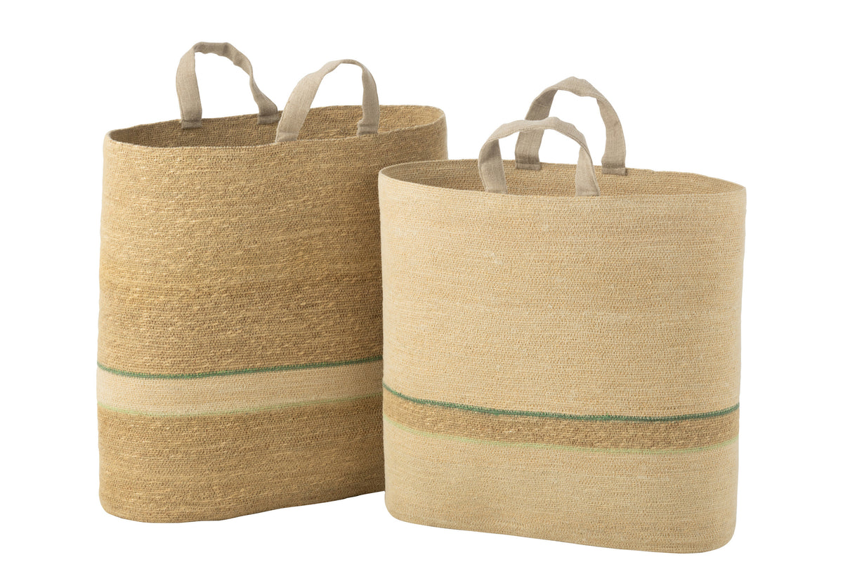 Set Of 2 Basket Stripe + Handle Natural/Green - Tuincentrum Lopik
